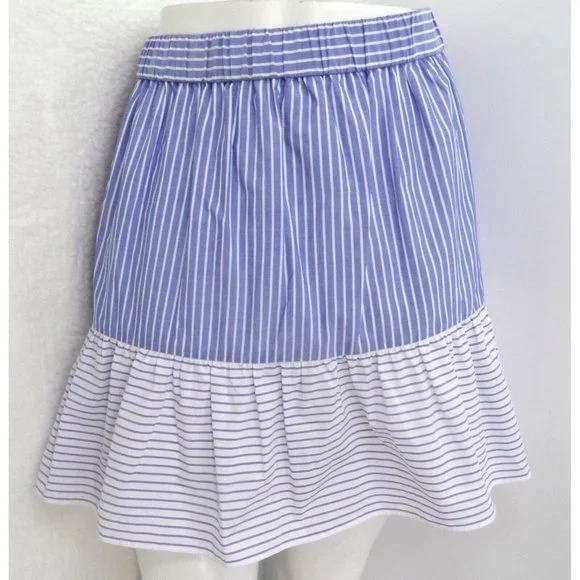 * "LOFT" BLUE & WHITE STRIPED RUFFLED HEM CASUAL COTTON MINI SKIRT SIZE: L NWT - Picture 2 of 5